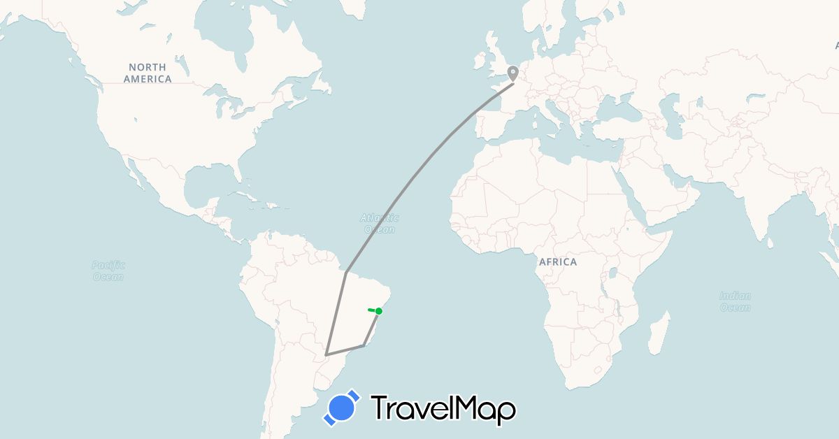 TravelMap itinerary: bus, plane, boat in Brazil, France (Europe, South America)